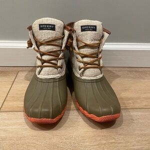 Sperry Olive and Tan Duck Boots